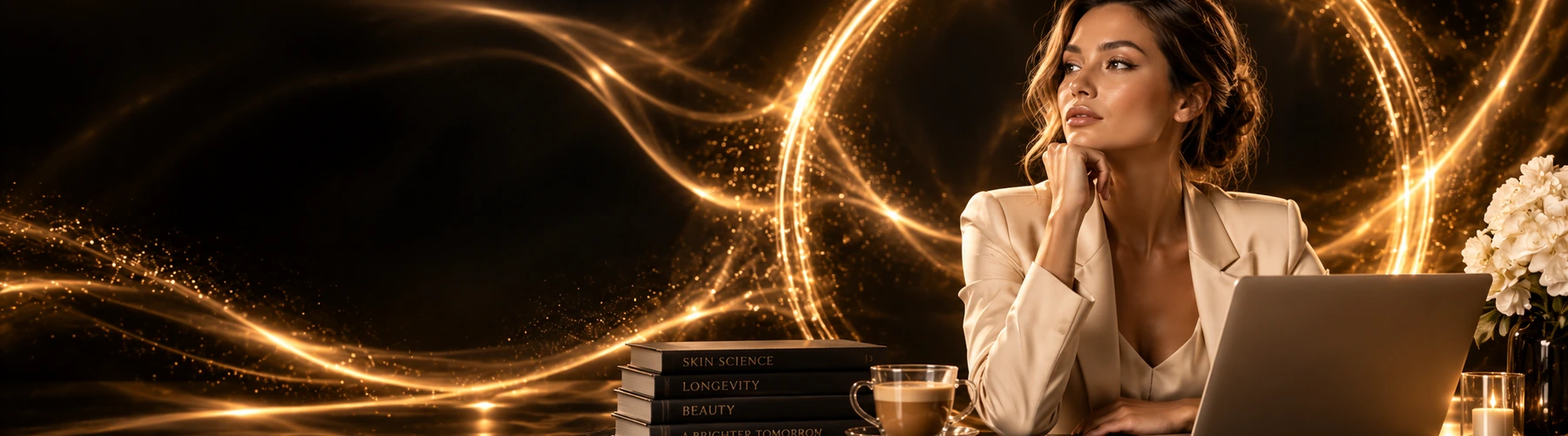 OXYjet Journal met luxe zwart-gouden editorial sfeer en laptop